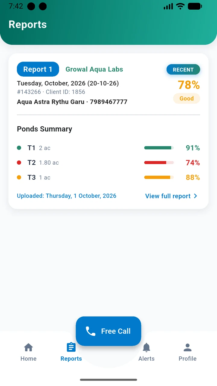 Aqua Astra reports screen: a lab report scored 78%, Good, with a ponds summary rating T1 at 91%, T2 at 74% and T3 at 88%.